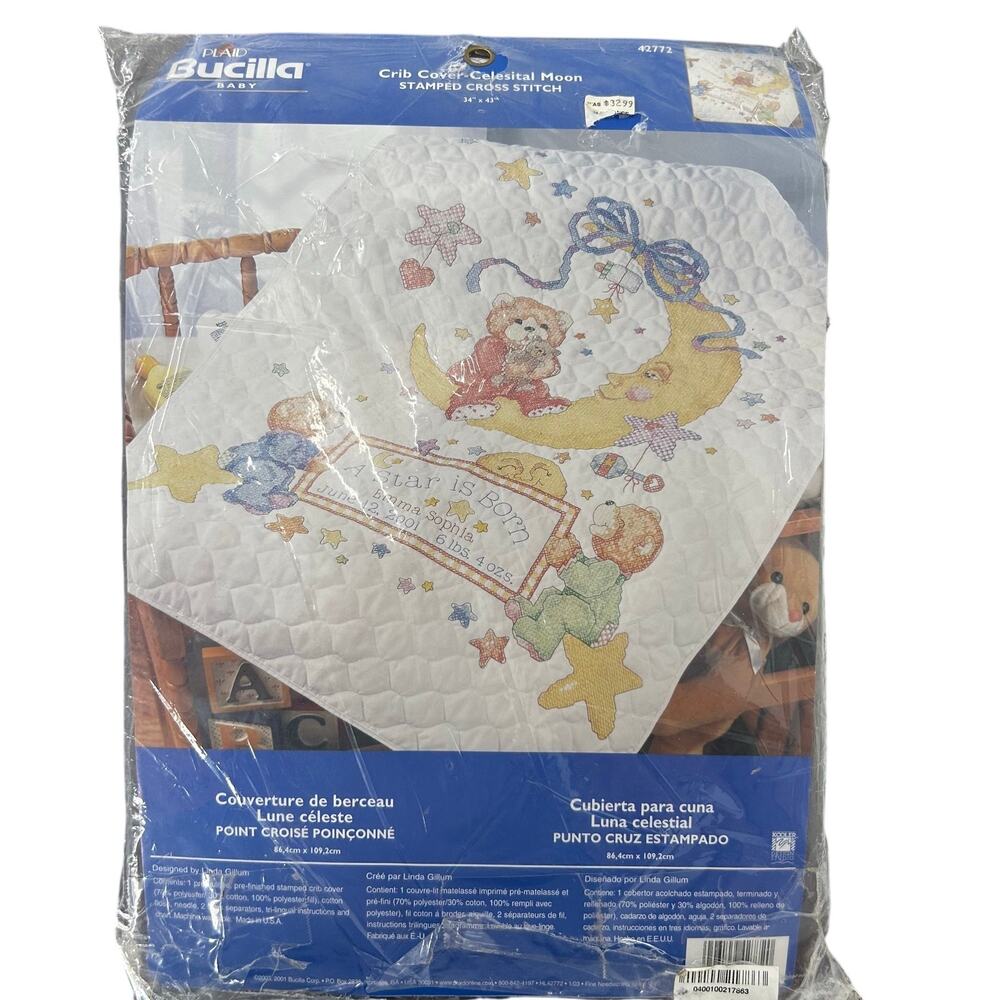 Vintage Bucilla Celestial Moon Crib Cover Cross Stitch Kit 42772 INCOMPLETE Open